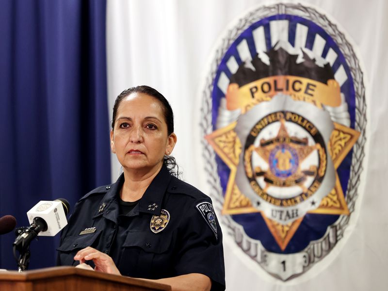 Salt Lake County Sheriff Rosie Rivera speaks at a press
conference at the Salt Lake County Sheriff’s Office in South Salt
Lake on Tuesday, Feb. 16, 2021, where it was announced two people
were arrested night in connection with the disappearance and death
of 25-year-old Conzuelo "Nicole” Solorio-Romero.