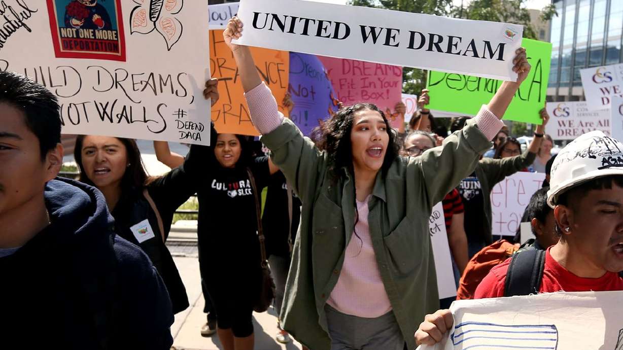 Deferred Action for Childhood Arrivals supporters,
including Xochitl Cornejo, center, march to the Capitol during the
"We Are All DREAMers” rally in Salt Lake City on Sept. 16, 2017.
Acknowledging that underrepresented students face "intractable
structural barriers as they work to access, persist and complete
higher education,” the Utah Board of Higher Education unanimously
approved a resolution Friday vowing to help "Dreamers” flourish.