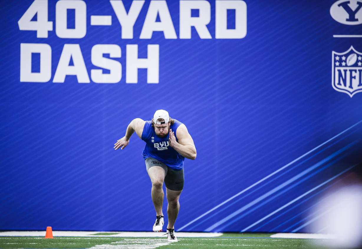 All-American offensive tackle Brady Christensen runs a 4.89 40-yard dash during BYU Pro Day, Friday, March 26, 2021, in Provo.