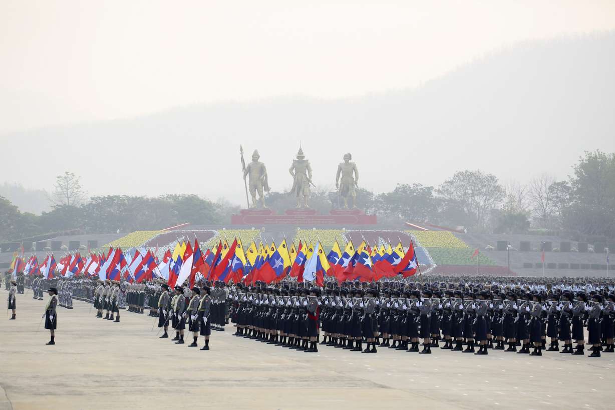 Military personnel participate in a parade on Armed Forces Day in Naypyitaw, Myanmar, March. 27, 2021. Senior Gen. Min Aung Hlaing, the head of Myanmar’s junta, on Saturday used the occasion of the country’s Armed Forces Day to try to justify the overthrow of the elected government of Aung San Suu Kyi, as protesters marked the holiday by calling for even bigger demonstrations.