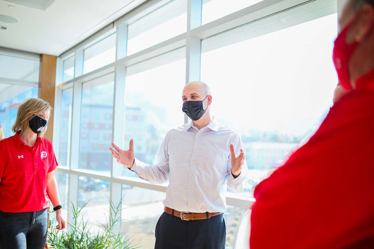 Newly named head coach of the University of Utah's men's basketball team, Craig Smith and his wife Darcy take a tour of the athletic facilities on campus on Saturday, March 27, 2021.