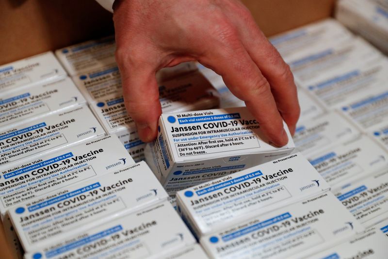 FILE PHOTO: Johnson & Johnson's coronavirus disease (COVID-19) vaccines are seen at Northwell Health's South Shore University Hospital in Bay Shore, New York, U.S., March 3, 2021. REUTERS/Shannon Stapleton