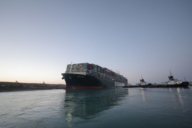 A view shows the container ship Ever Given, one of the world's largest container ships, after it was partially refloated, in Suez Canal, Egypt March 29, 2021. Suez Canal Authority/Handout via REUTERS