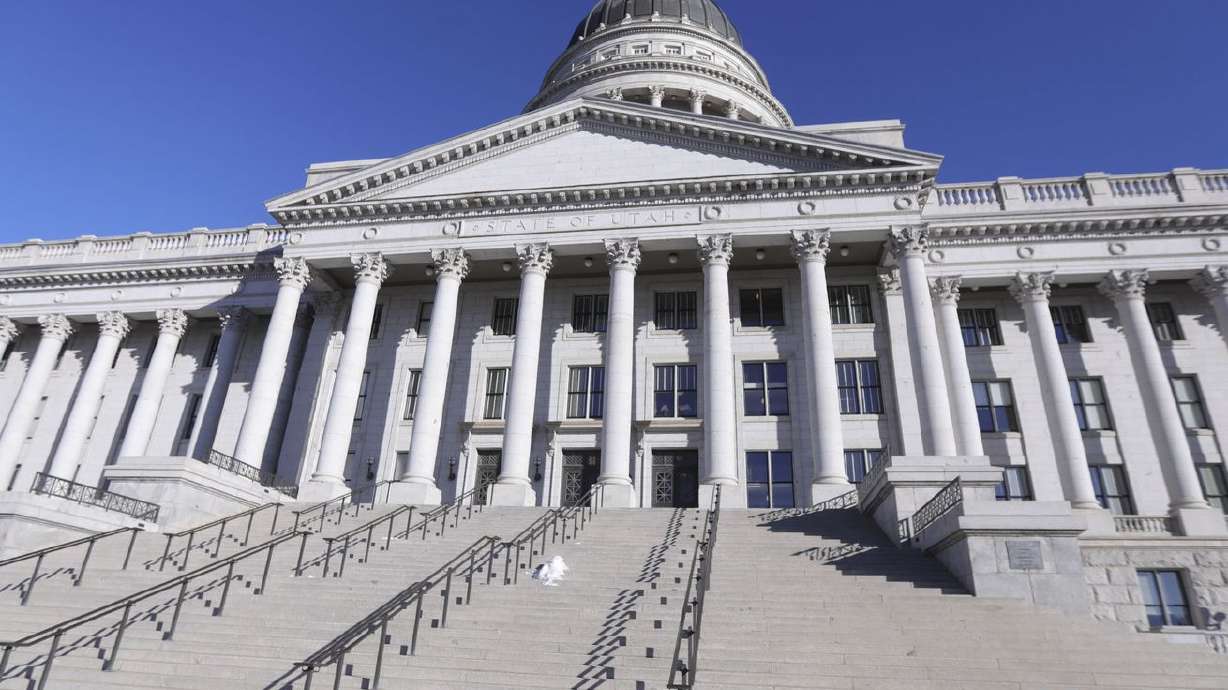 The Capitol in Salt Lake City is pictured on Thursday,
Feb. 13, 2020. A man was arrested Sunday after police say he left
his clothing on the Capitol lawn and then ran up the stairs naked.