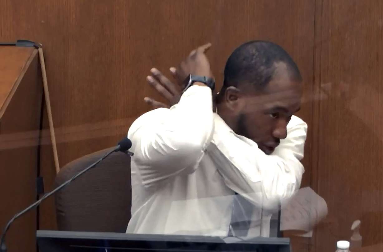 In this image from video, witness Donald Williams answers questions as Hennepin County Judge Peter Cahill presides Monday, March 29, 2021, in the trial of former Minneapolis police officer Derek Chauvin, in the May 25, 2020, death of George Floyd at the Hennepin County Courthouse in Minneapolis, Minn. Williams was testifying about what he saw of Floyd’s arrest.