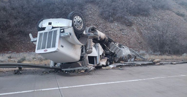 A semitruck hauling a flammable solid rolled on westbound I-84 just before 6 a.m. Tuesday, March 30, 2021, in Morgan County.
