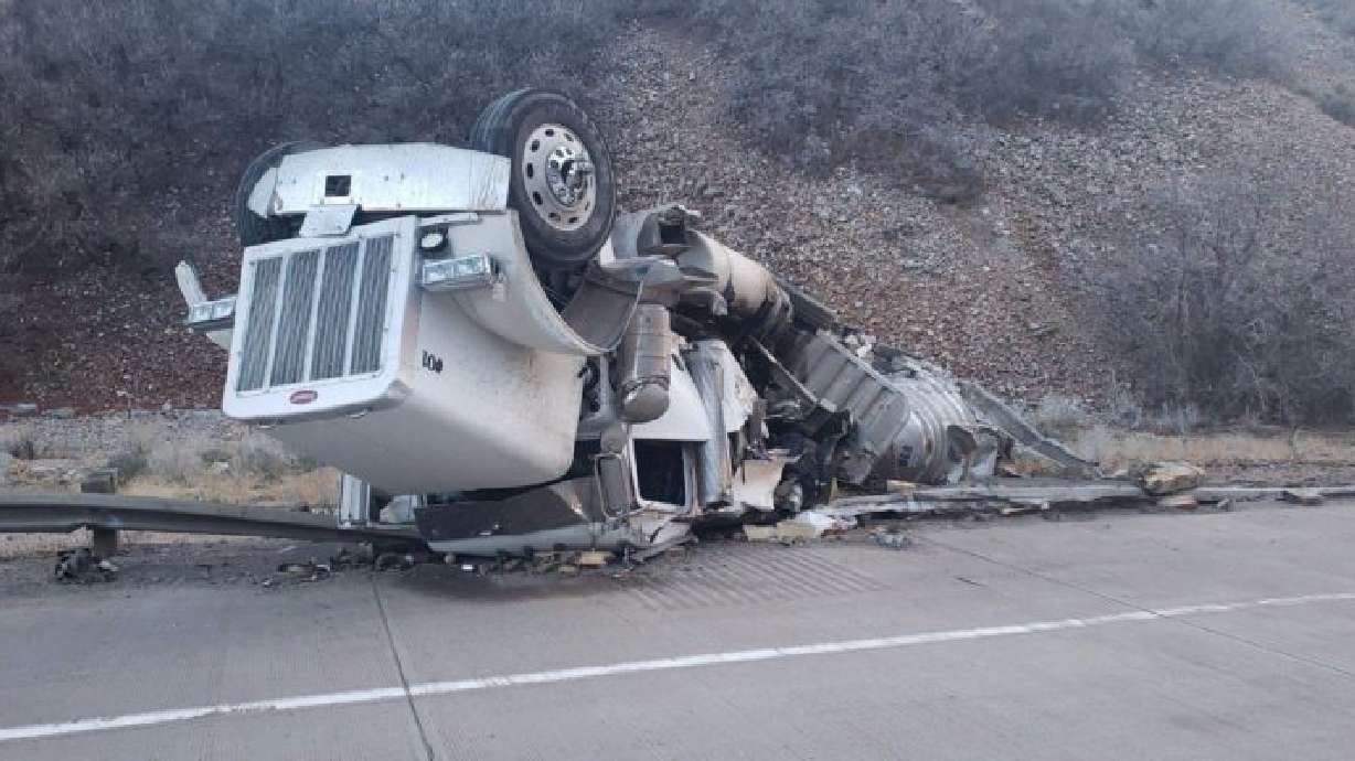 A semitruck hauling a flammable solid rolled on westbound I-84 just before 6 a.m. Tuesday, March 30, 2021, in Morgan County.