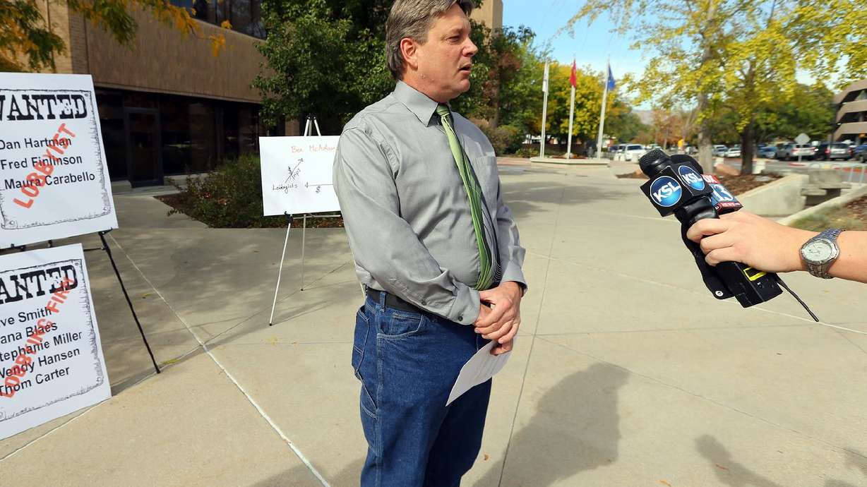 Scott Miller, then vice chairman of the Salt Lake
County Republican Party, speaks at a press conference on Oct. 12,
2016, in Salt Lake City. Miller resigned as president of the Salt
Lake County GOP over the weekend after allegations of bullying
against women emerged.