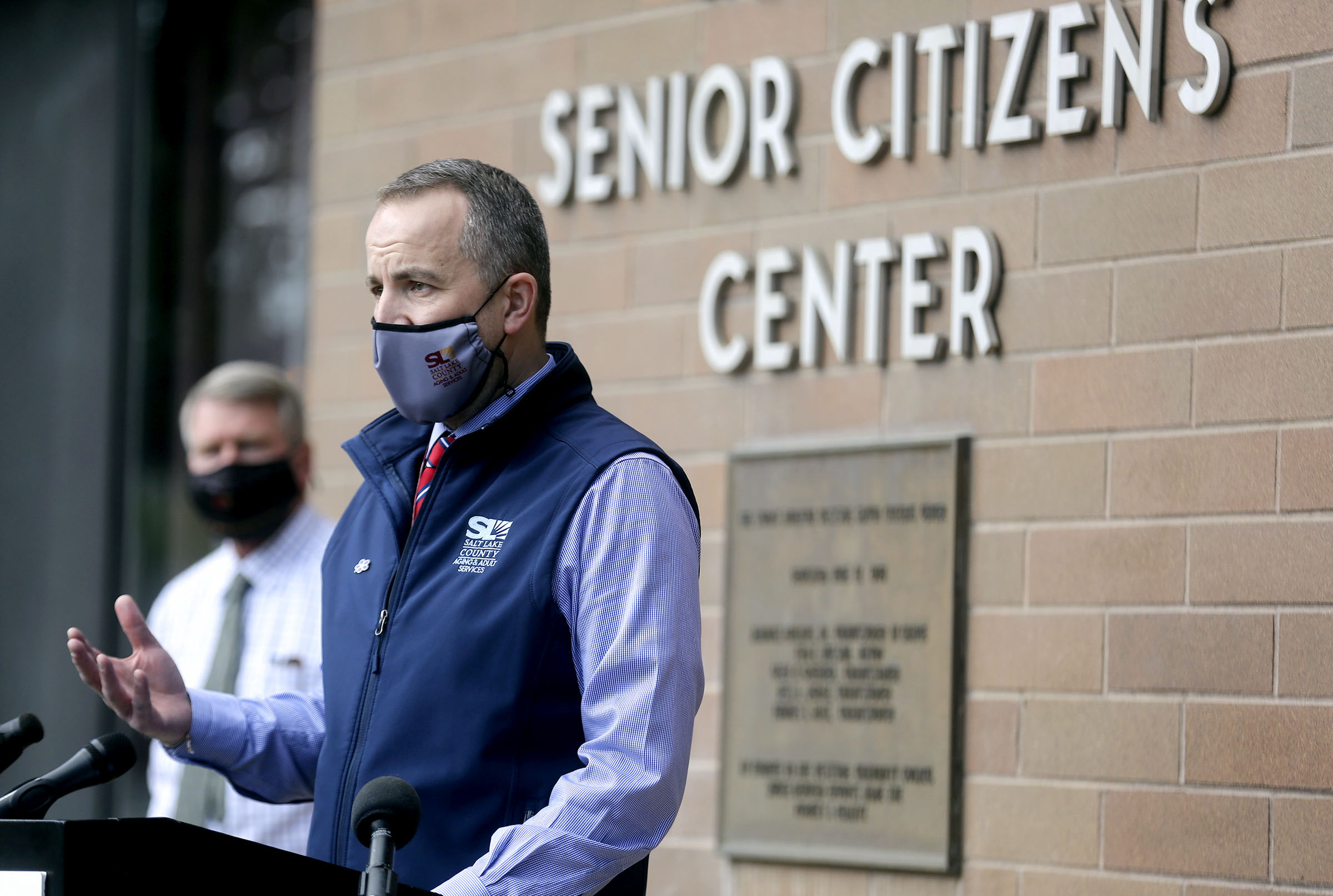 Paul Leggett, Salt Lake County Aging and Adult Services division director, talks about a spike in COVID-19 cases and how seniors are affected during a press conference outside of the Westside Senior Citizen’s Center in Salt Lake City on Wednesday, Oct. 14, 2020.
