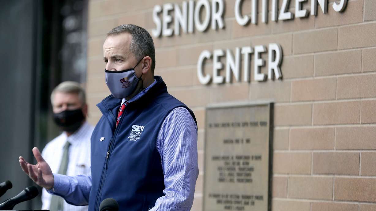 Paul Leggett, Salt Lake County Aging and Adult Services division director, talks about a spike in COVID-19 cases and how seniors are affected during a press conference outside of the Westside Senior Citizen’s Center in Salt Lake City on Wednesday, Oct. 14, 2020.
