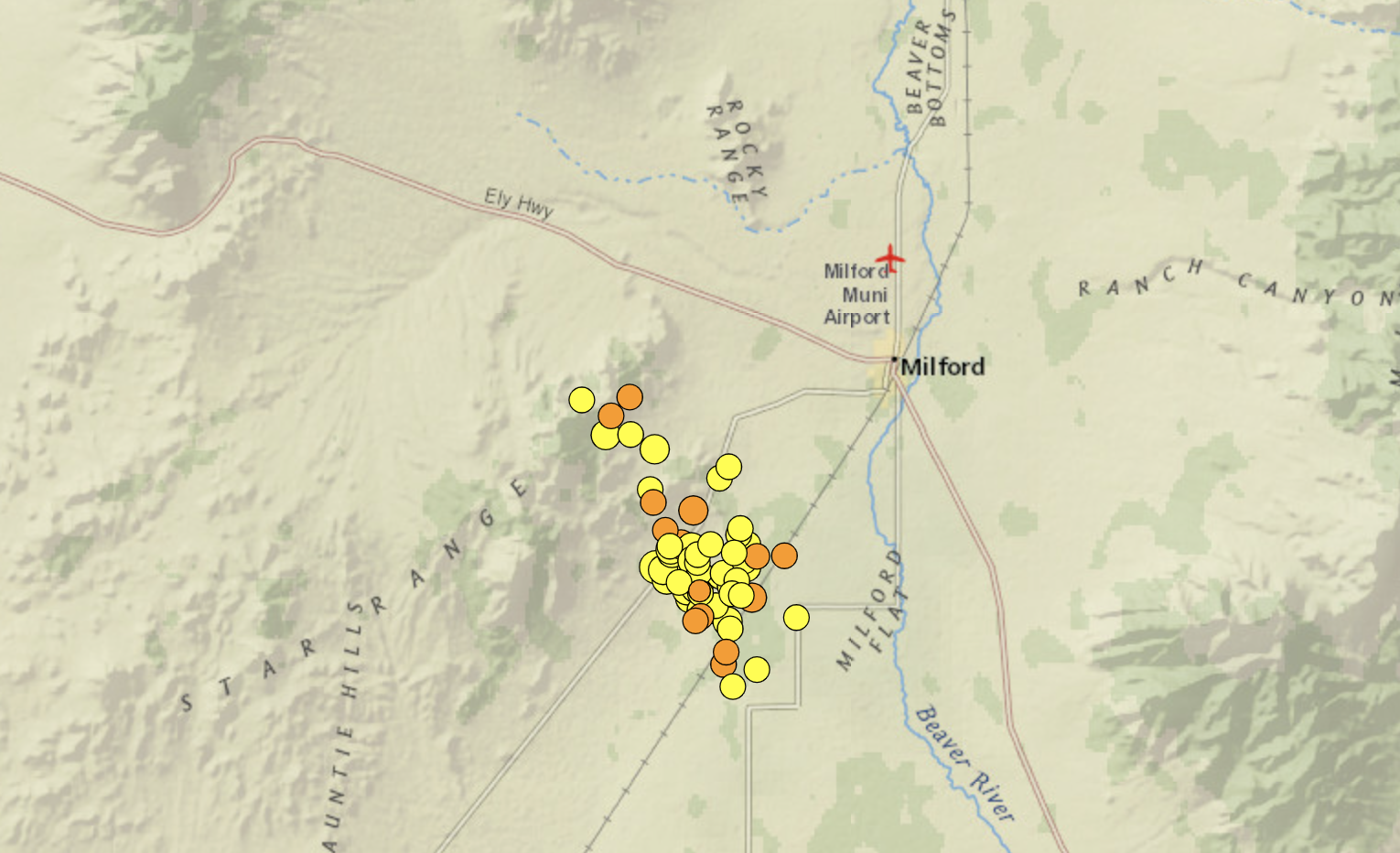 This map, produced by the U.S. Geological Survey, shows 61 earthquakes that occurred near Milford between Tuesday, March 23, and 4 p.m. Tuesday, March 30, 2021. The orange dots indicate more recent activity. So far none were bigger than 3.2 magnitude in size.