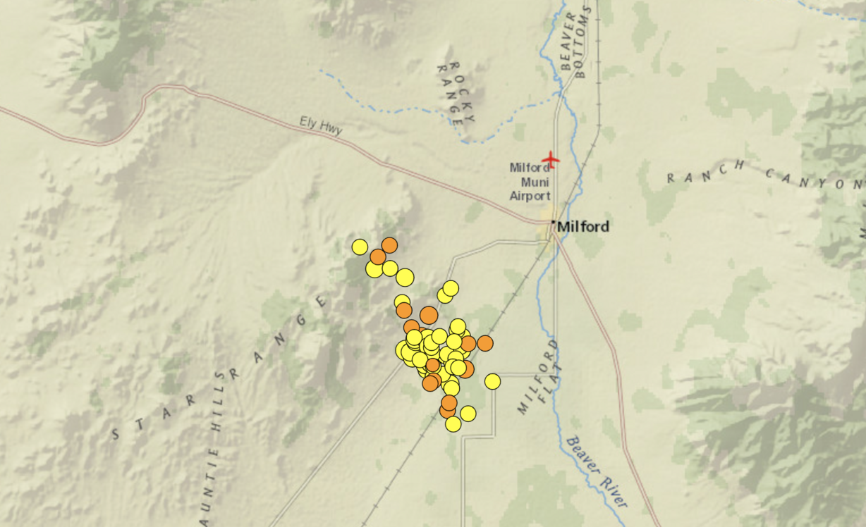 This map, produced by the U.S. Geological Survey, shows 61 earthquakes that occurred near Milford between Tuesday, March 23, and 4 p.m. Tuesday, March 30, 2021. The orange dots indicate more recent activity. So far none were bigger than 3.2 magnitude in size.