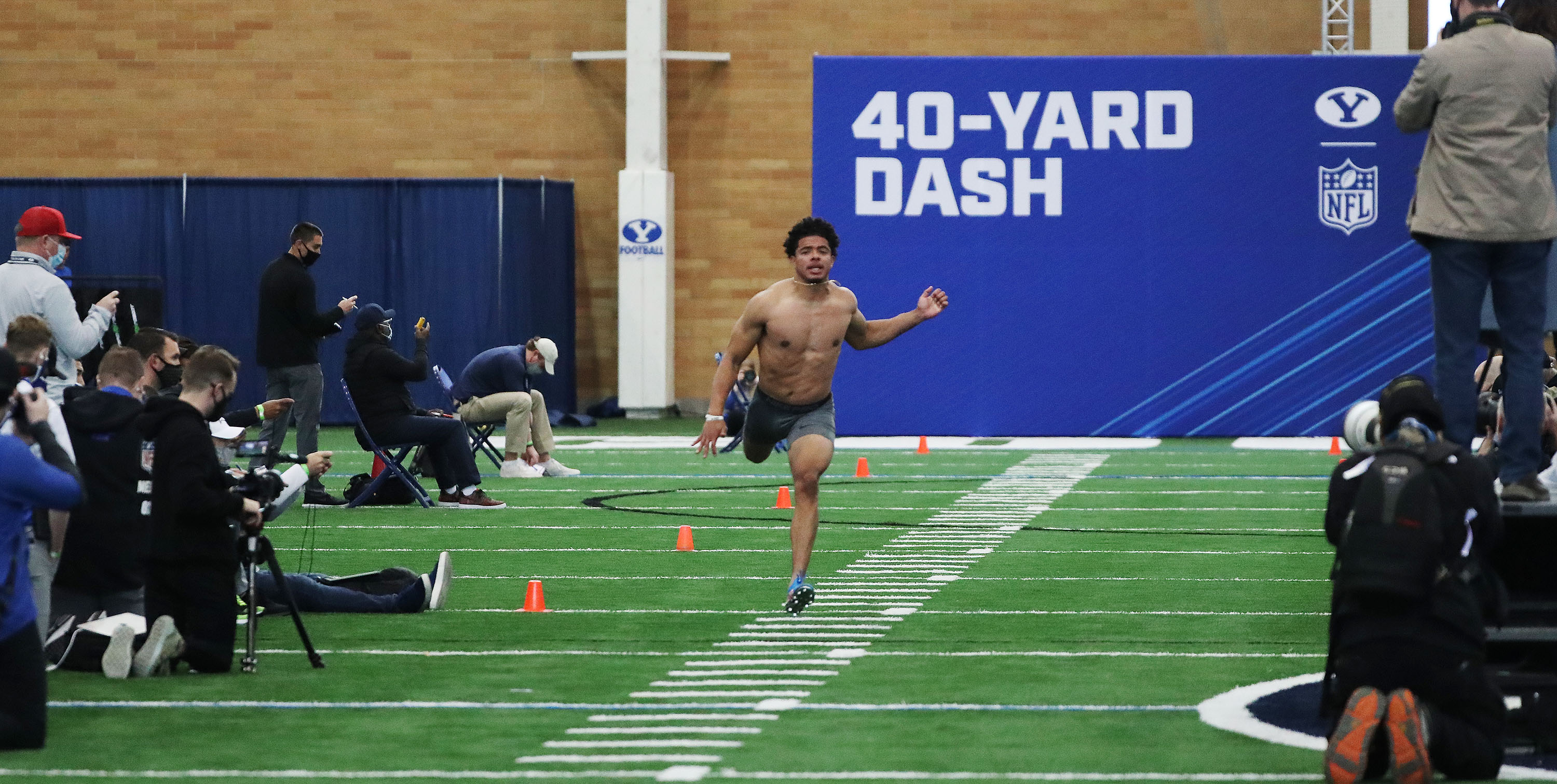 BYU cornerback Chris Wilcox runs the 40-yard dash during the school's pro day in Provo on Friday, March 26, 2021.