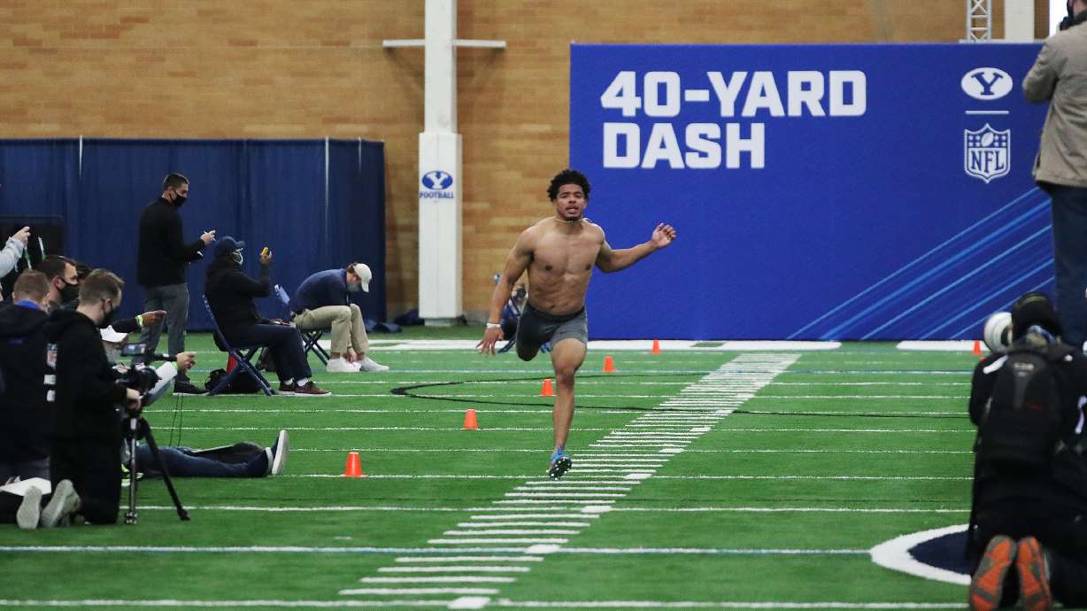 BYU cornerback Chris Wilcox runs the 40-yard dash during the school's pro day in Provo on Friday, March 26, 2021.