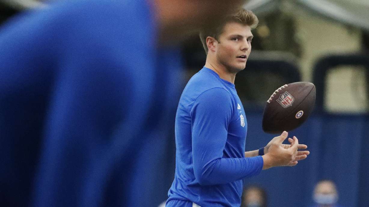 Quarterback Zach Wilson throws during BYU pro day in Provo on Friday, March 26, 2021.