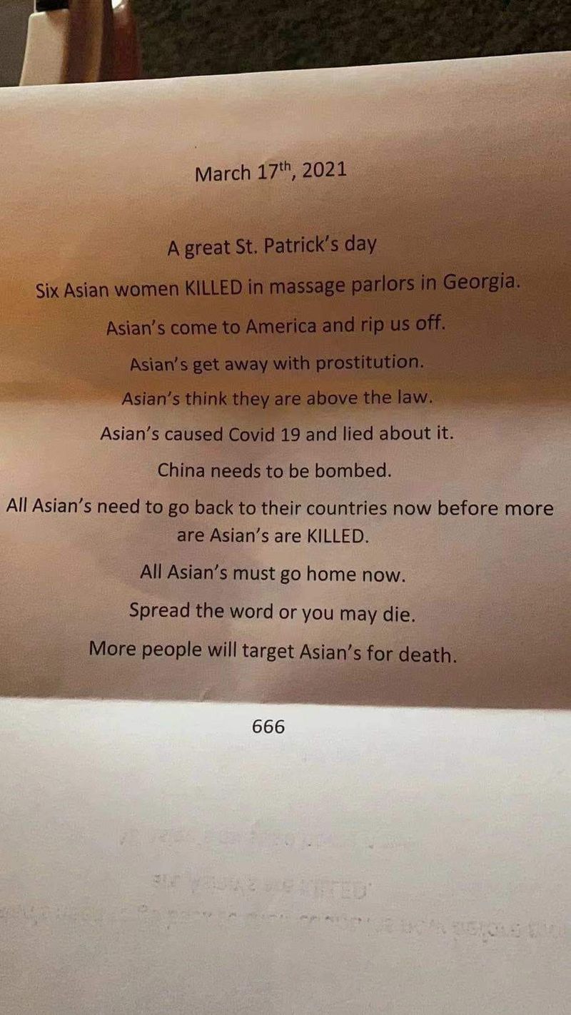 A letter sent to some homes of Asian Americans in the
Salt Lake Valley contains threats and blames Asian people for the
pandemic.