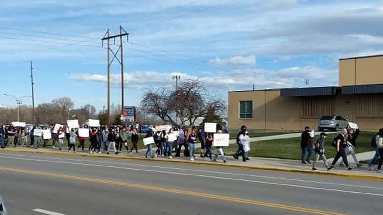 Students protest in front of Springville High School on
Monday, March 29, 2021. A teacher at the school has been placed on
paid administrative leave while Nebo School District officials
review complaints about alleged inappropriate comments and conduct
toward students.