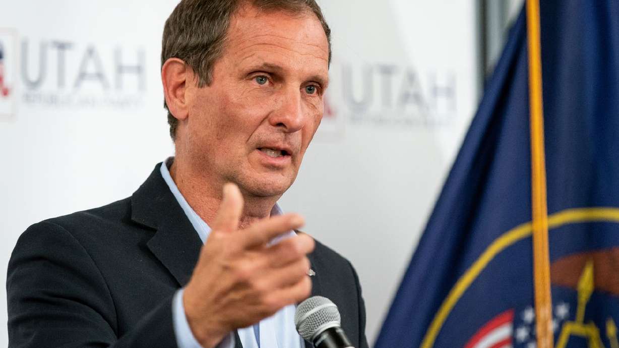 Rep. Chris Stewart, R-Utah, who is in a race to hold
onto his 2nd Congressional District seat, speaks at an election
night event for Republican candidates in at the Utah Association of
Realtors building in Sandy on Nov. 3, 2020.