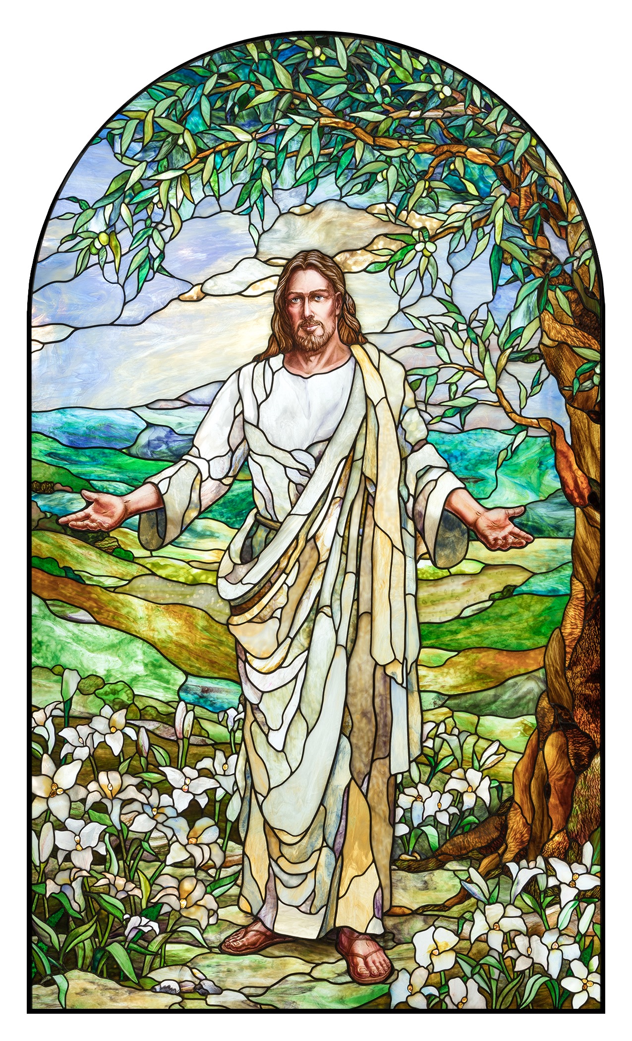 Purposeful artistic thought and symbols (even some Easter eggs) within Holdman Studios' stained glass images of Christ