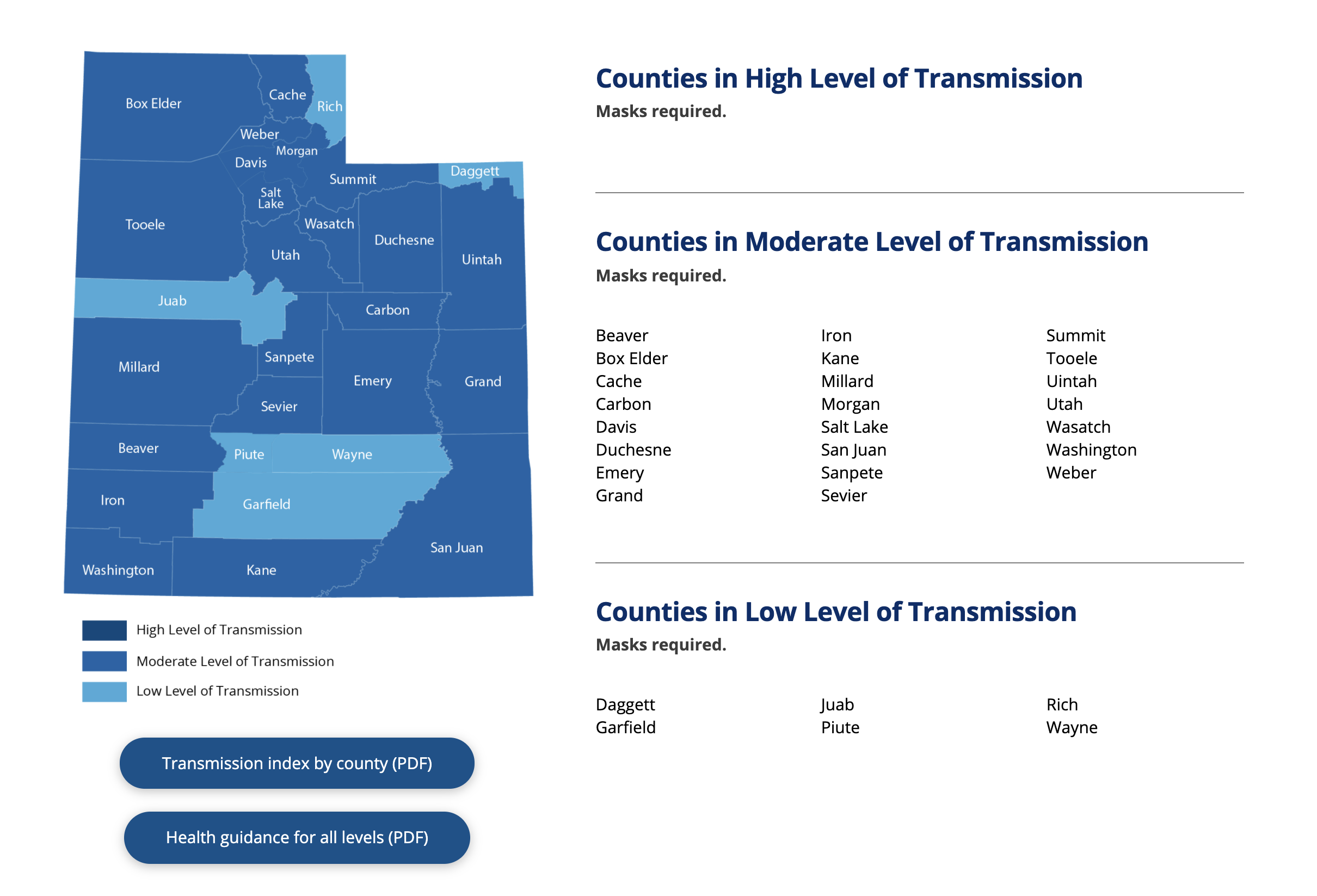 This graphic, taken from the Utah Department of Health's COVID-19 website, shows the transmission index level for individual Utah counties as of Thursday, April 1, 2021.