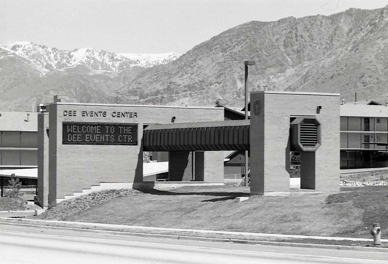 An undated photo of the Dee Events Center marquee. The marquee became functional in December 1979, two years after the arena opened.