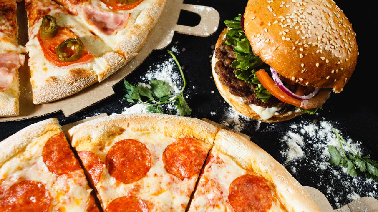 Pizza and beef burger.