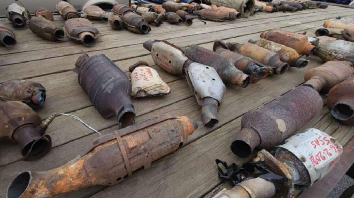 Numerous catalytic converters on display that have been removed from vehicles in Mesquite, Nev., March 28, 2021