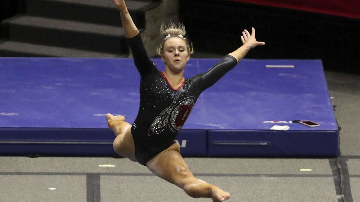 Utah Red Rocks' Maile O'Keefe does her floor routine during a gymnastics meet against the Cal Golden Bears at the Huntsman Center in Salt Lake City on Friday, Feb. 26, 2021. Utah won and O'Keefe was the team's high scorer.