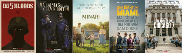 This combination of photos shows poster art for the nominees for the Screen Actors Guild Award for best cast in a motion picture, from left, "Da 5 Bloods," "Ma Rainey's Black Bottom," "Minari," "One Night in Miami," and "The Trial of the Chicago 7."