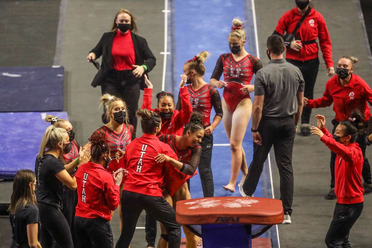 Utah gymnast Jaedyn Rucker and her team react after her vault during the NCAA regional final round at the Maverik Center on Saturday, April 3, 2021. The Red Rocks are moving on to the next round.
