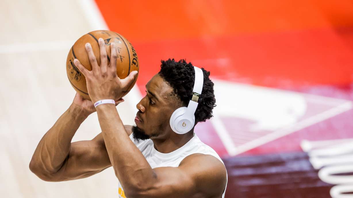 Utah Jazz guard Donovan Mitchell (45) warms up before the game against the Orlando Magic at Vivint Smart Home Arena in Salt Lake City on Saturday, April 3, 2021.