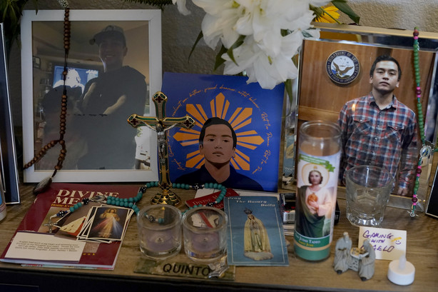 Images of Angelo Quinto are displayed at his family's home in Antioch, Calif., Tuesday, March 16, 2021. Quinto died three days after being restrained on Dec. 23, 2020, in police custody while having a mental health crisis. Lawmakers in several states are proposing legislation that would require more training for police in how to interact with someone in a mental crisis following some high-profile deaths.