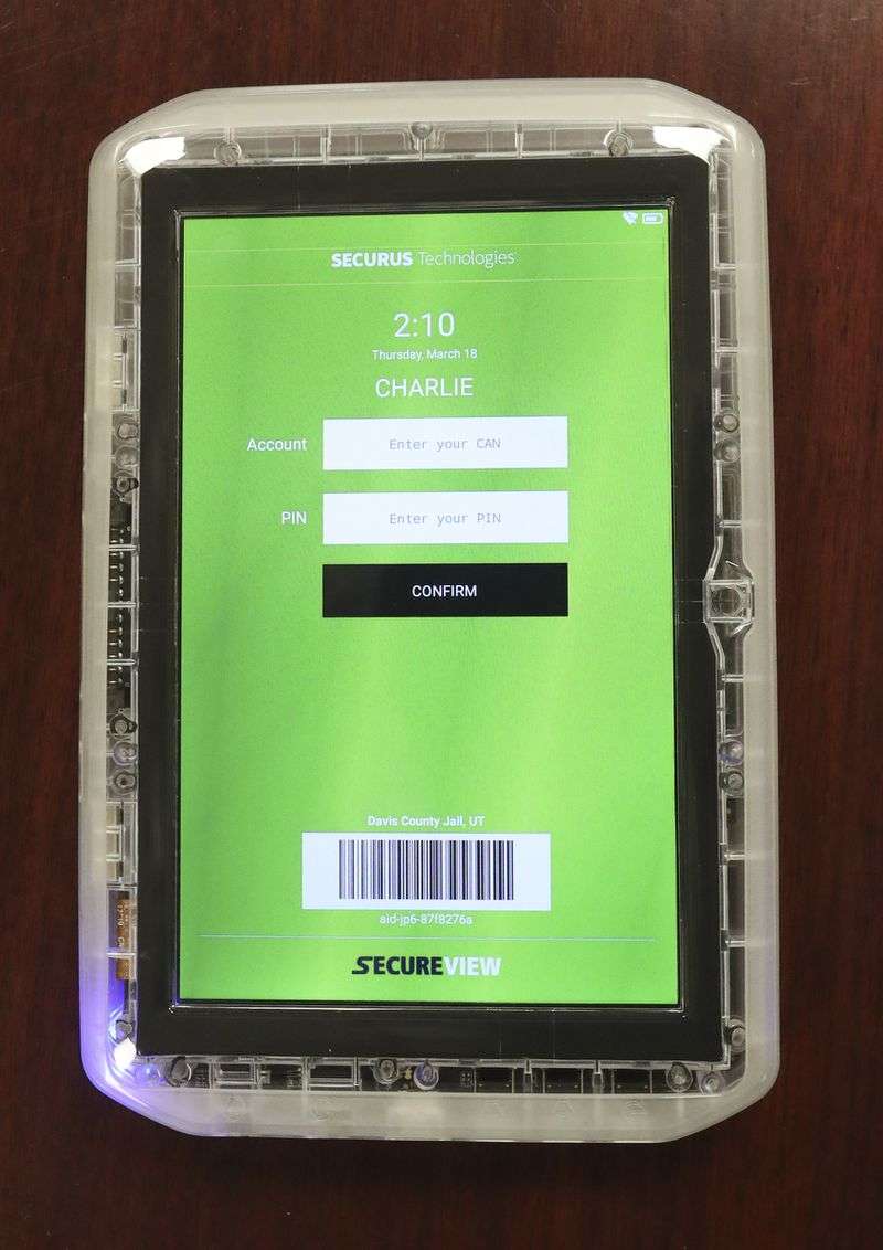 A tablet issued to inmates when they’re booked into the
Davis County Jail is pictured at the Farmington facility on
Thursday, March 18, 2021.