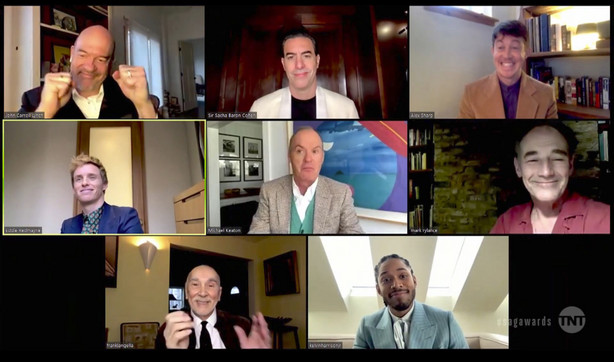In this video grab provided by the SAG Awards, the cast of "The Trial of the Chicago 7" accepts the award for outstanding performance by a cast in a motion picture during the 27th annual Screen Actors Guild Awards on April 4, 2021.