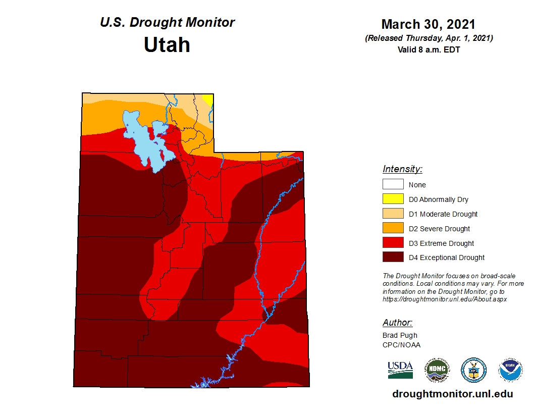 A map of the drought conditions in Utah issued on Thursday, March 30, 2021. The U.S. Drought Monitor reports that more than half of the state is in an exceptional drought.