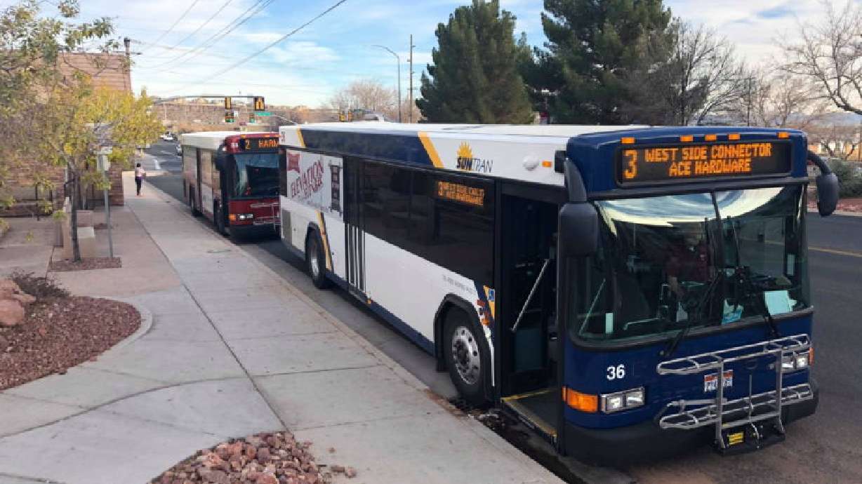 SunTran buses at the stop on 100 South near 1000 East in St. George, Utah, Dec. 12, 2019