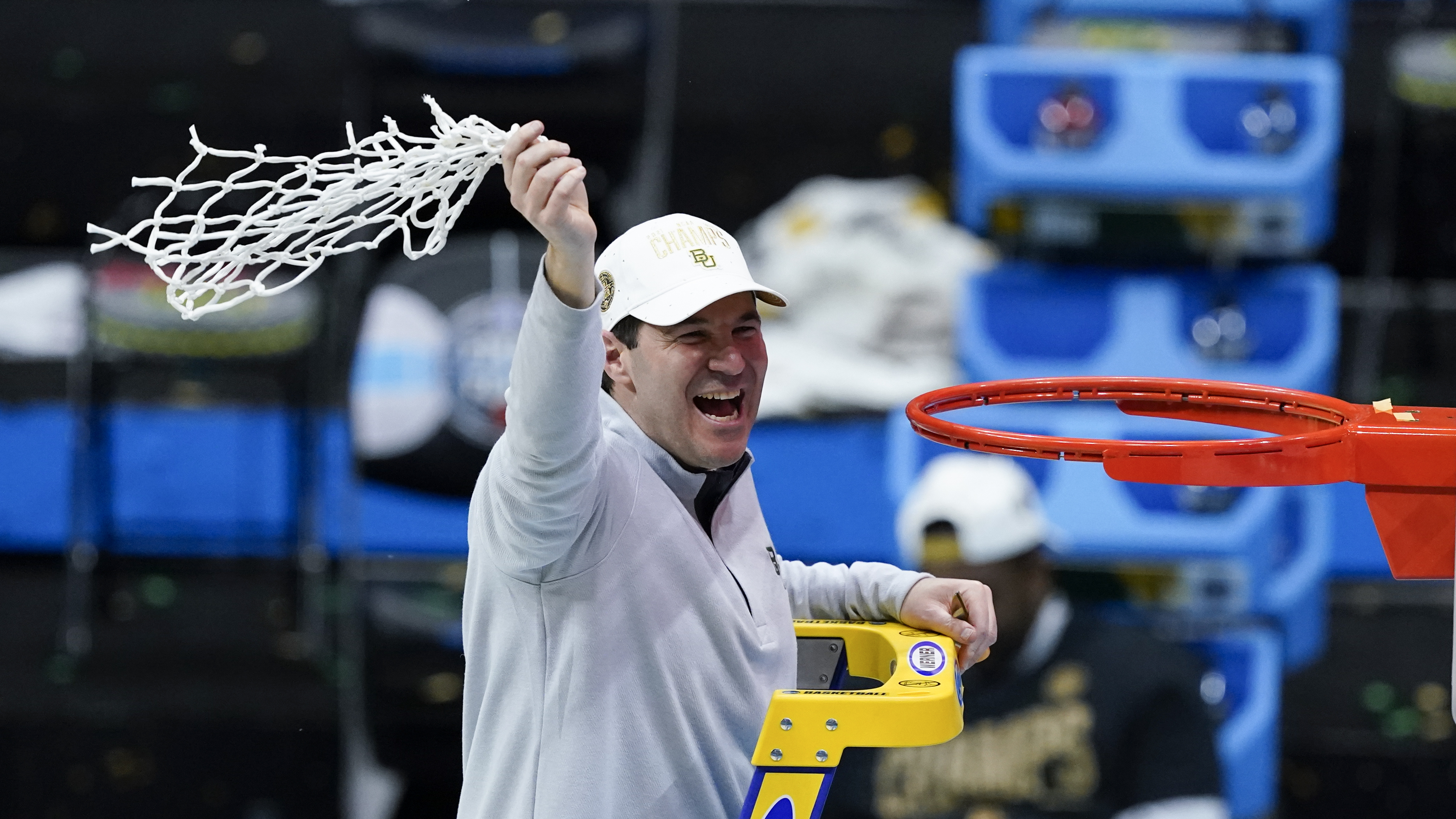 Baylor head coach Scott Drew cuts down the net after the championship game against Gonzaga in the men's Final Four NCAA college basketball tournament, Monday, April 5, 2021, at Lucas Oil Stadium in Indianapolis. Baylor won 86-70.