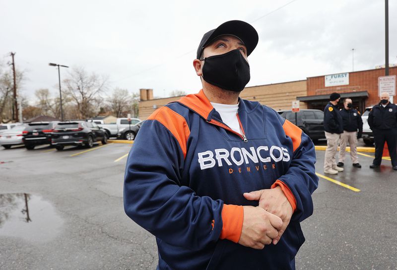 Resident Steven Rivera becomes emotional as he speaks
about his neighborhood in North Temple area in Salt Lake City on
Tuesday, April 6, 2021. Salt Lake City Mayor Erin Mendenhall spoke
during a press conference on her vision for providing community
resources and increased safety.