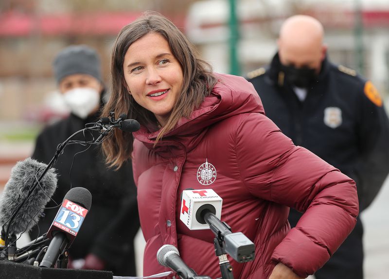 Salt Lake City Mayor Erin Mendenhall speaks during a
press conference on her vision for providing community resources
and increased safety in the North Temple area in Salt Lake City on
Tuesday, April 6, 2021.
