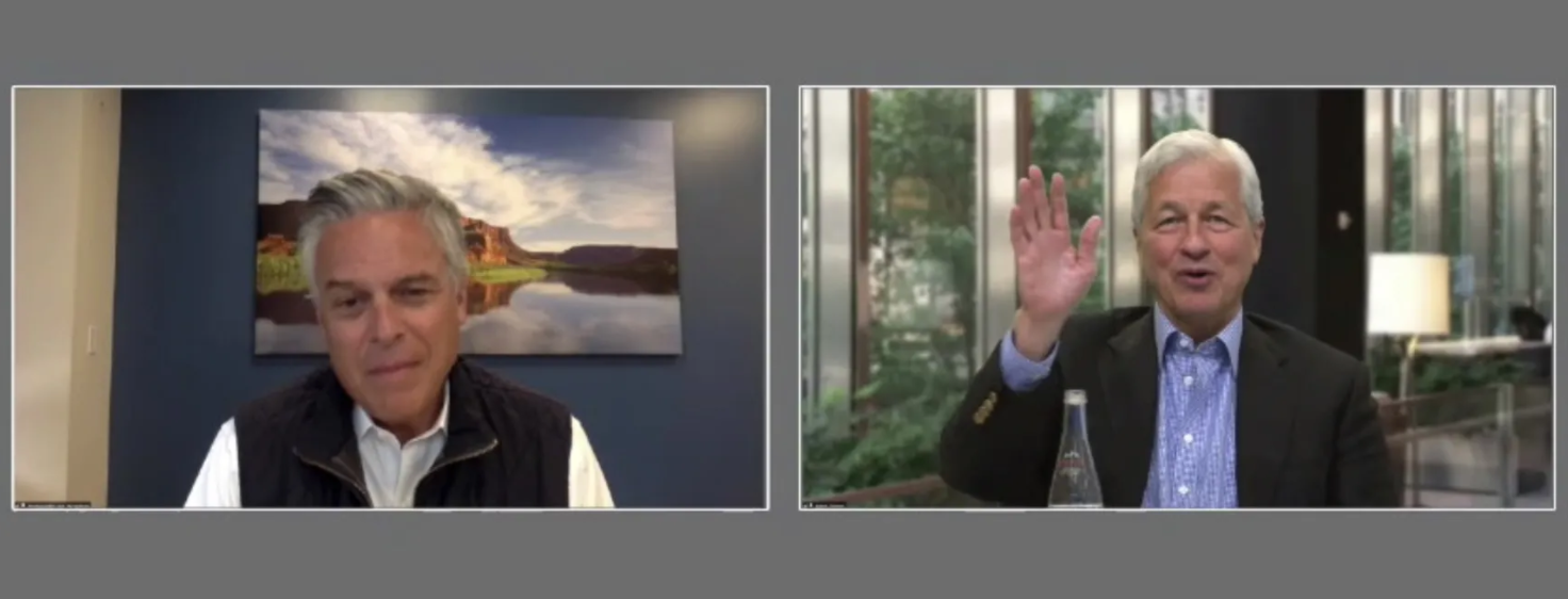 Jon Huntsman Jr., chairman of World Trade Center Utah, and Jamie Dimon, chairman and CEO of JPMorgan Chase & Co., appear on a webinar on Tuesday, April 6, 2021.