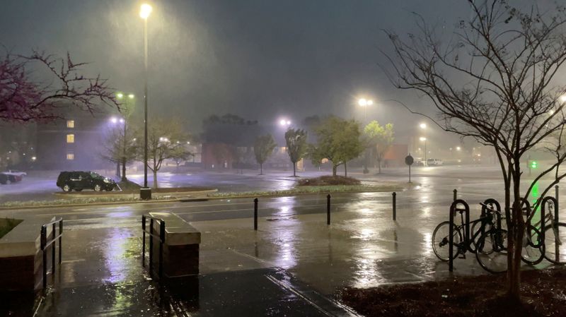 FILE PHOTO: Strong winds and rain are seen in Starkville, Mississippi, U.S., March 17, 2021 in this still image obtained from a social media video. Video taken March 17, 2021. Dylan Hudler/via REUTERS