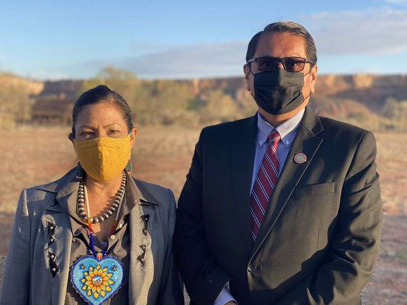 U.S. Secretary of the Interior Deb Haaland, left, and
Navajo Nation President Jonathan Nez poses for a photo during
Haaland’s meeting with Navajo Nation leaders in Bluff on Wednesday,
April 7, 2021.