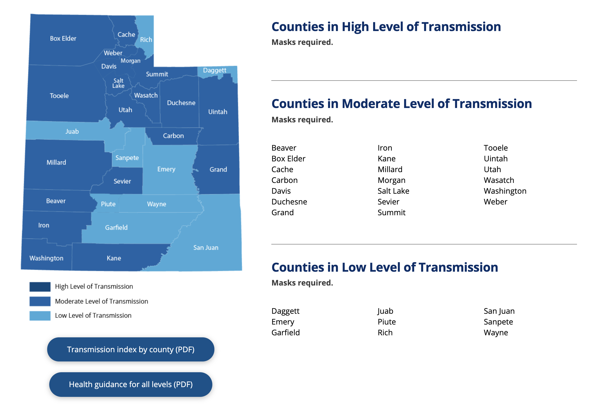This graphic, taken from the Utah Department of Health's COVID-19 website, shows the transmission index level for individual Utah counties as of Thursday, April 8, 2021.