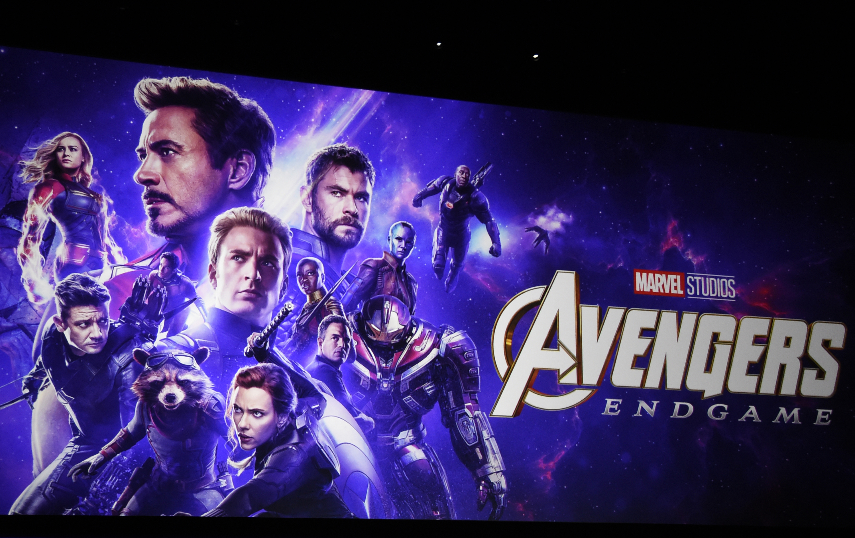 Artwork for the Marvel film "Avengers: Endgame" appears on stage during the Walt Disney Studios Motion Pictures presentation at CinemaCon, the official convention of the National Association of Theatre Owners on April 3, 2019, in Las Vegas.