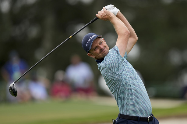 Justin Rose, of England, tees off on the third hole during the second round of the Masters golf tournament on Friday, April 9, 2021, in Augusta, Ga.