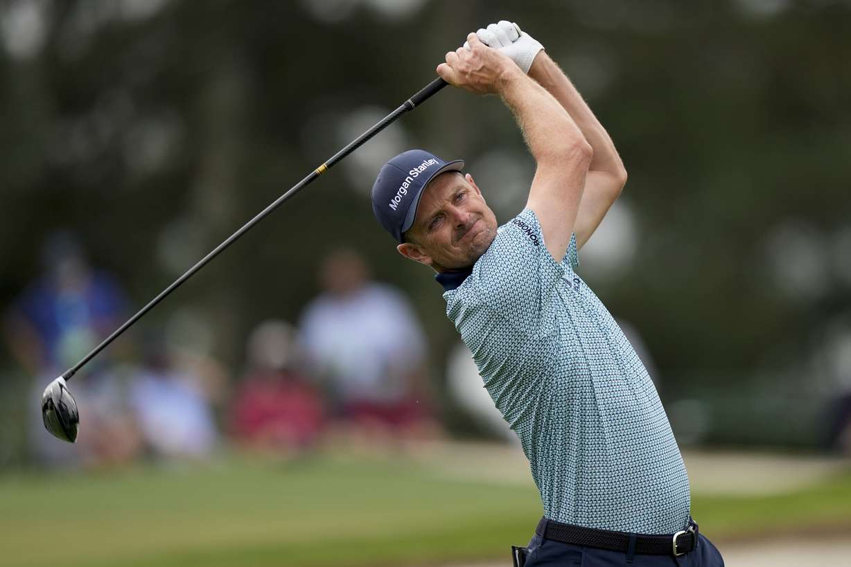 Justin Rose, of England, tees off on the third hole during the second round of the Masters golf tournament on Friday, April 9, 2021, in Augusta, Ga.