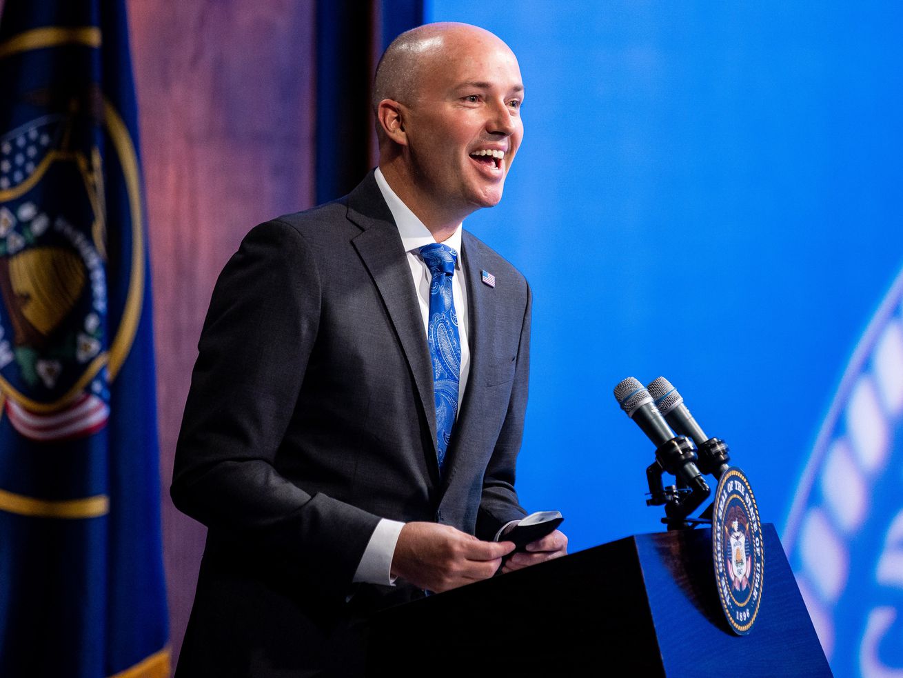 Gov. Spencer Cox speaks during his monthly news
conference at PBS Utah in Salt Lake City on March 18, 2021.