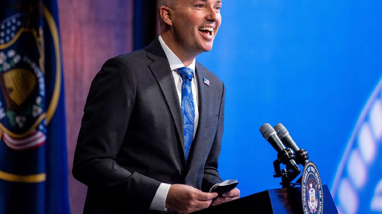 Gov. Spencer Cox speaks during his monthly news
conference at PBS Utah in Salt Lake City on March 18, 2021.