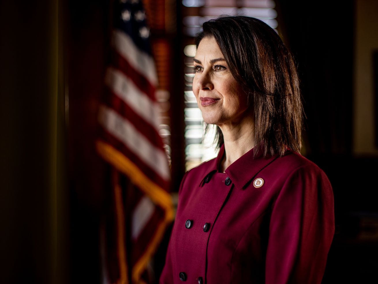 Lt. Gov. Deidre Henderson poses for a photo in her
office at the Capitol in Salt Lake City on Friday, March 19, 2021.
Henderson understands firsthand the need to confront the ongoing
effects of COVID-19. Since being hospitalized for the deadly virus
last August, she has experienced lingering respiratory issues as
well as developing agonizing back problems that required multiple
surgeries.