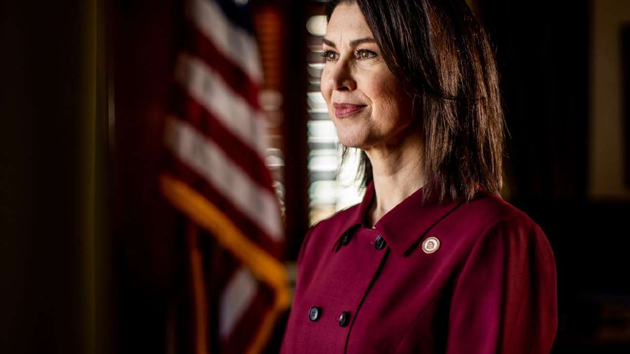 Lt. Gov. Deidre Henderson poses for a photo in her
office at the Capitol in Salt Lake City on Friday, March 19, 2021.
Henderson understands firsthand the need to confront the ongoing
effects of COVID-19. Since being hospitalized for the deadly virus
last August, she has experienced lingering respiratory issues as
well as developing agonizing back problems that required multiple
surgeries.